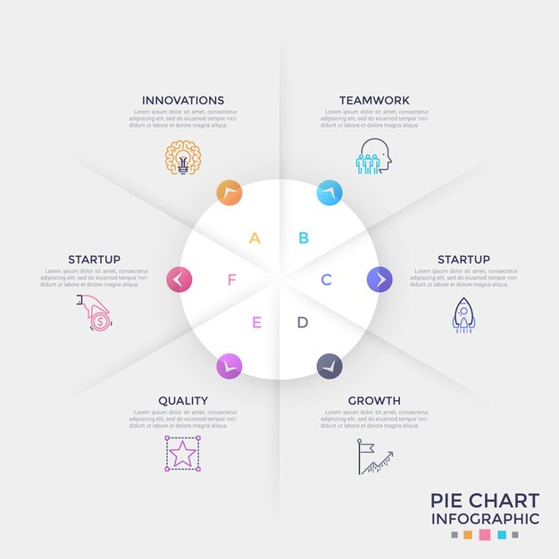 Schema circolare in carta bianca diviso in 6 parti uguali con frecce colorate che puntano a icone lineari e caselle di testo. modello di progettazione infografica semplice. illustrazione vettoriale per brochure, report.