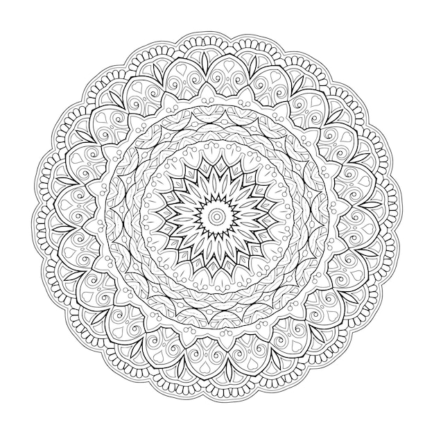 Vettore contorno di mandala ornamentale floreale in bianco e nero con motivo circolare per pagine da colorare per adulti