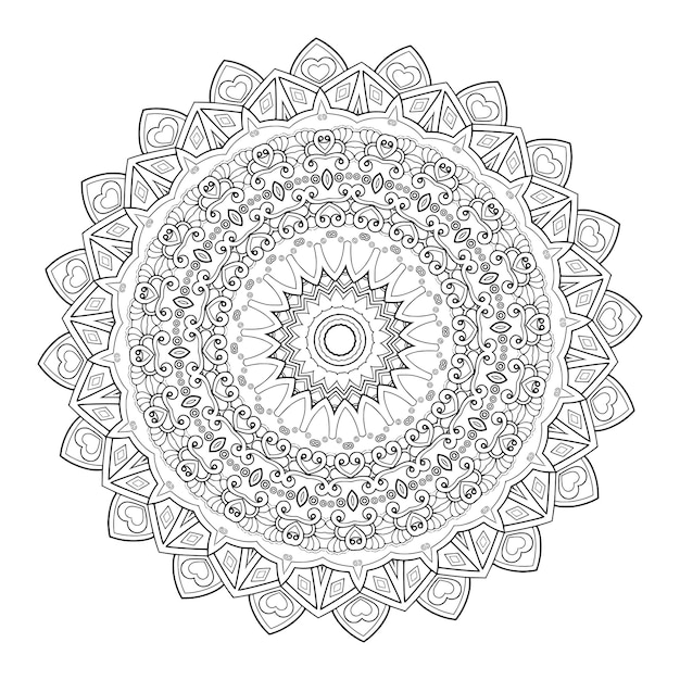 Vettore contorno di mandala ornamentale floreale in bianco e nero con motivo circolare per pagine da colorare per adulti