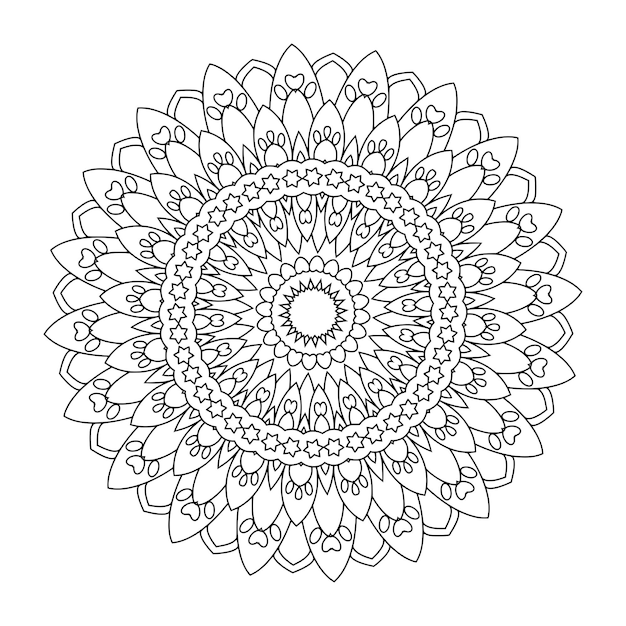 Vettore contorno di mandala ornamentale floreale in bianco e nero con motivo circolare per pagine da colorare per adulti