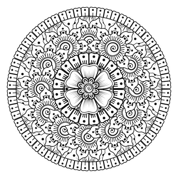 헤나 멘디 문신 장식을 위한 만다라 형태의 원형 패턴 색칠하기 책 페이지