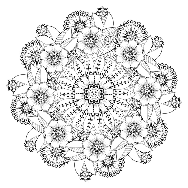 Motivo circolare a forma di mandala per henna, mehndi, tatuaggio, decorazione. pagina del libro da colorare.