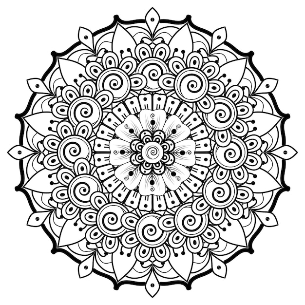 ヘナ、一時的な刺青、入れ墨、装飾のための曼荼羅の形の円形パターン。塗り絵のページ。