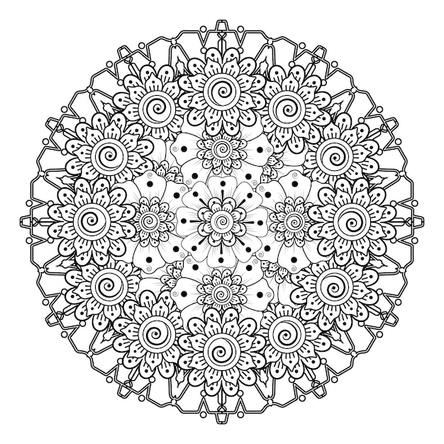 Motivo circolare a forma di mandala per henna, mehndi, tatuaggio, decorazione. pagina del libro da colorare.