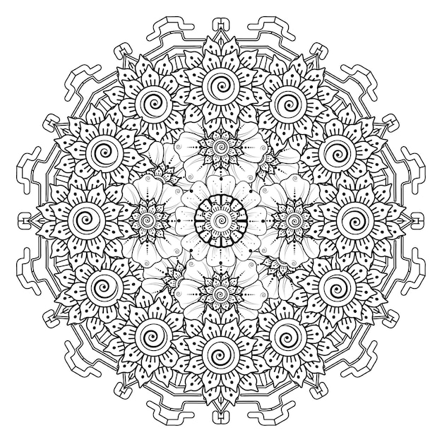 Motivo circolare a forma di mandala per henna, mehndi, tatuaggio, decorazione. pagina del libro da colorare.