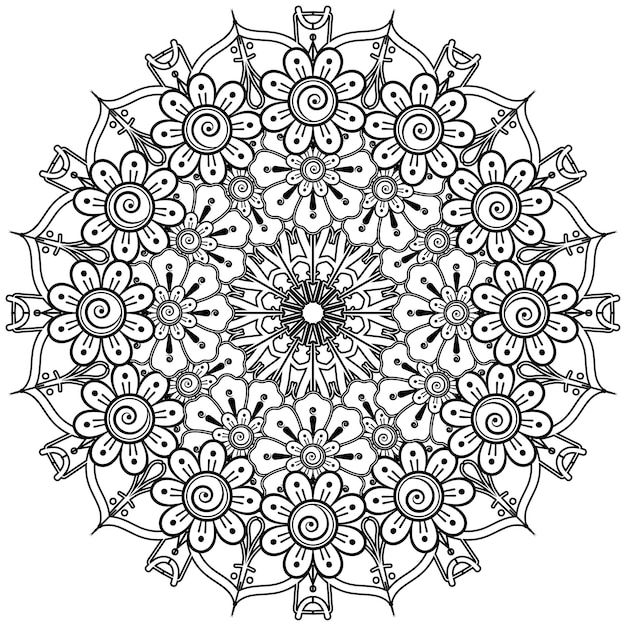 Circular pattern in form of mandala for henna, mehndi, tattoo, decoration. coloring book page.