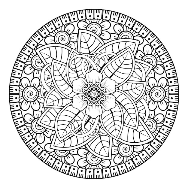 ヘナ、一時的な刺青、入れ墨、装飾のための曼荼羅の形の円形パターン。塗り絵のページ。