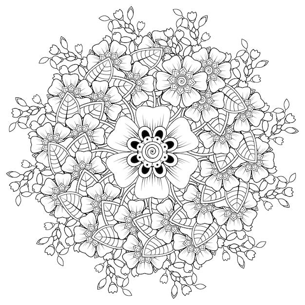 花の装飾が施されたマンダラの形の円形パターン。エスニックオリエンタル、インド風の一時的な刺青の花の装飾。
