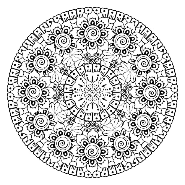 花と曼荼羅の形の円形パターン。エスニックオリエンタルスタイルの装飾的な装飾の着色のページ