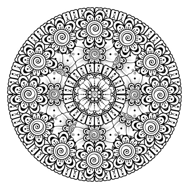 Modello circolare sotto forma di mandala con fiore. ornamento decorativo nella pagina da colorare in stile etnico orientale