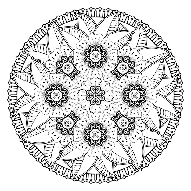 Circular pattern in the form of mandala with flower  in ethnic oriental style coloring book page