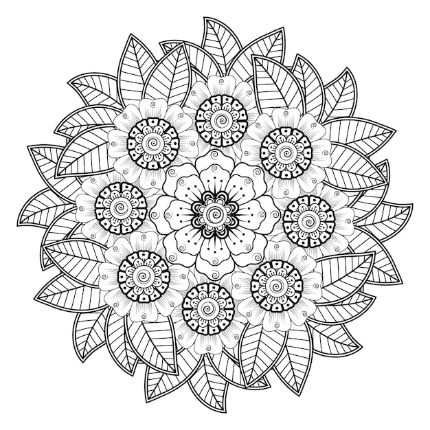 Circular pattern in the form of mandala with flower  in ethnic oriental style coloring book page