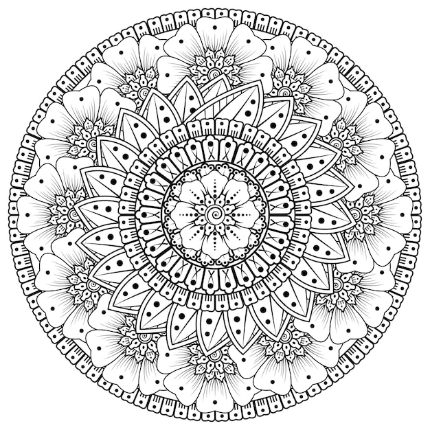 헤나, 멘디, 문신, 장식을위한 꽃과 만다라 형태의 원형 패턴. 민족 오리엔탈 스타일의 장식 장식. 색칠하기 책 페이지.