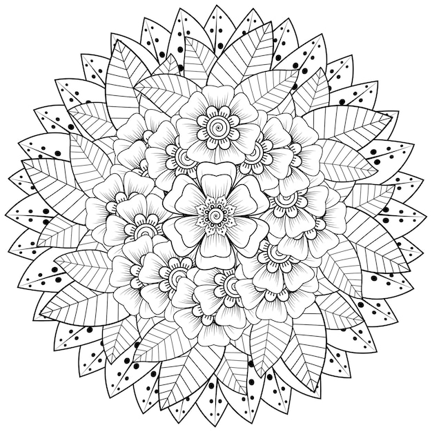 Motivo circolare a forma di mandala con fiore hennè mehndi tatuaggio decorazione ornamento decorativo in stile etnico orientale pagina del libro da colorare