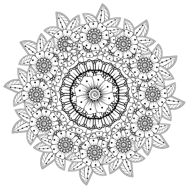 헤나 멘디 문신 장식 꽃과 만다라 형태의 원형 패턴. 민족 동양 인도 스타일의 멘디 꽃 장식.