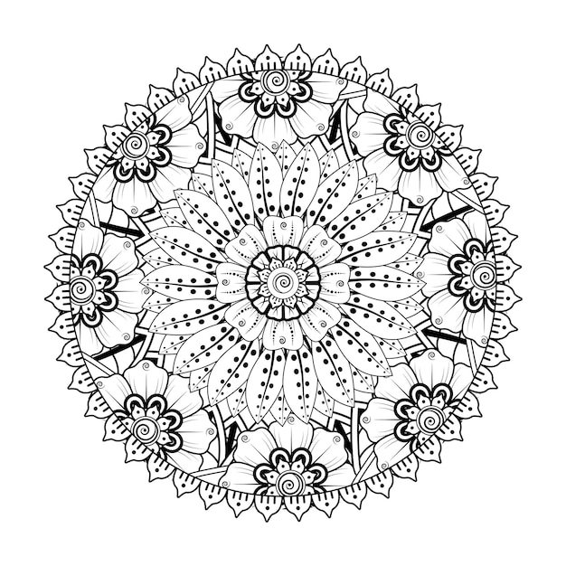 헤나 멘디 문신 장식용 꽃이 있는 만다라 형태의 원형 패턴