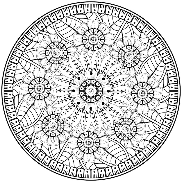 헤나 멘디 문신 장식용 꽃이 있는 만다라 형태의 원형 패턴