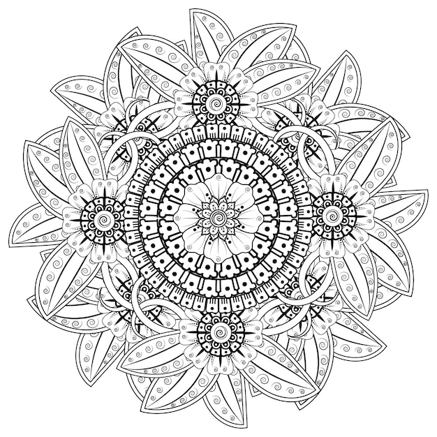 헤나 멘디를 위한 꽃이 있는 만다라 형태의 원형 패턴