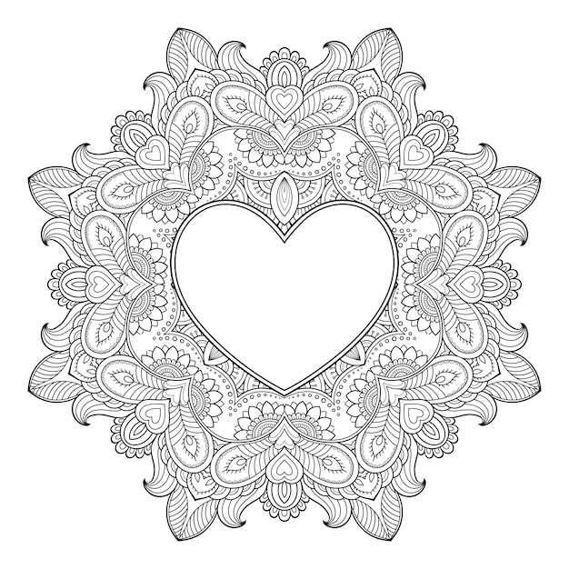 Circular pattern in form of mandala with frame in shape of heart. decorative ornament in ethnic oriental mehndi style. outline doodle antistress coloring book page.