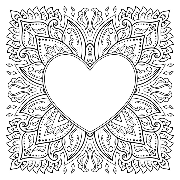 Disegno circolare a forma di mandala con cornice a forma di cuore ornamento decorativo in stile mehndi orientale etnico contorno doodle disegno a mano illustrazione vettoriale pagina del libro da colorare antistress