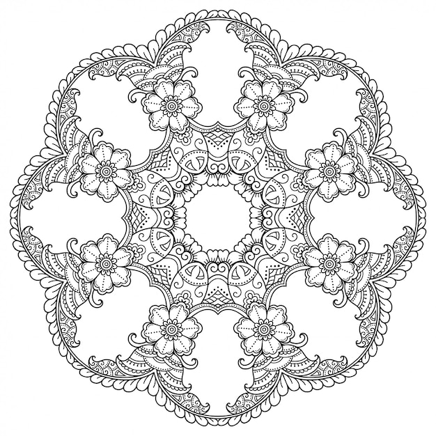 ヘナ、一時的な刺青、タトゥー、装飾用の花とマンダラの形の円形パターン。エスニックオリエンタルスタイルの装飾的な飾り。概要落書き手描きイラスト。