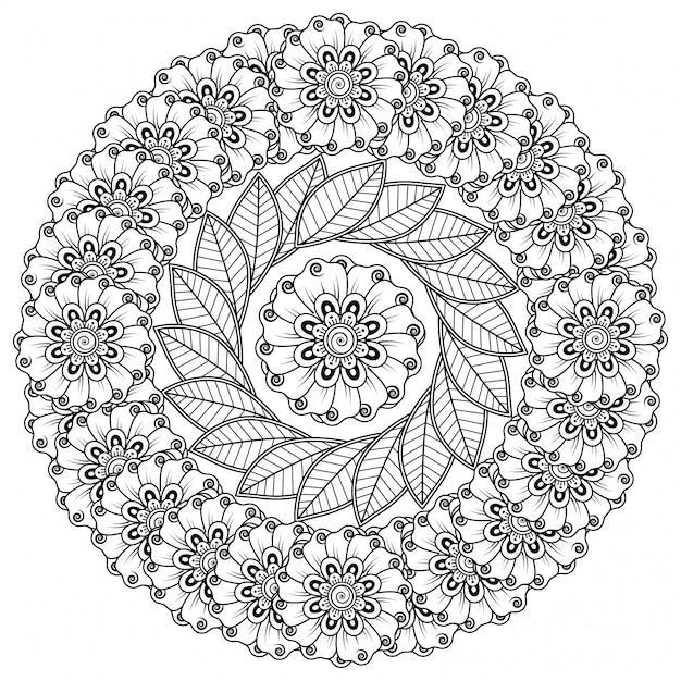 헤나, 멘디, 문신, 장식용 꽃과 만다라 형태의 원형 패턴. 민족 동양, 인도 스타일의 멘디 꽃 장식.