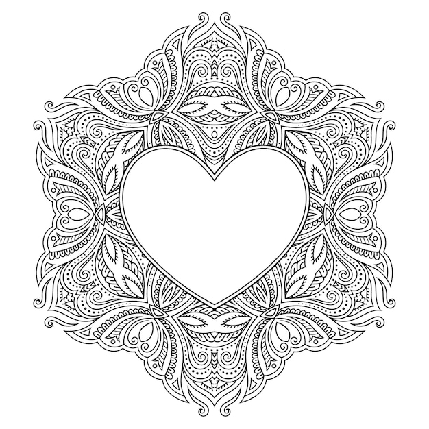 심장의 모양에 프레임 만다라의 형태로 원형 패턴. 민족 동양 멘디 스타일의 장식 장식.