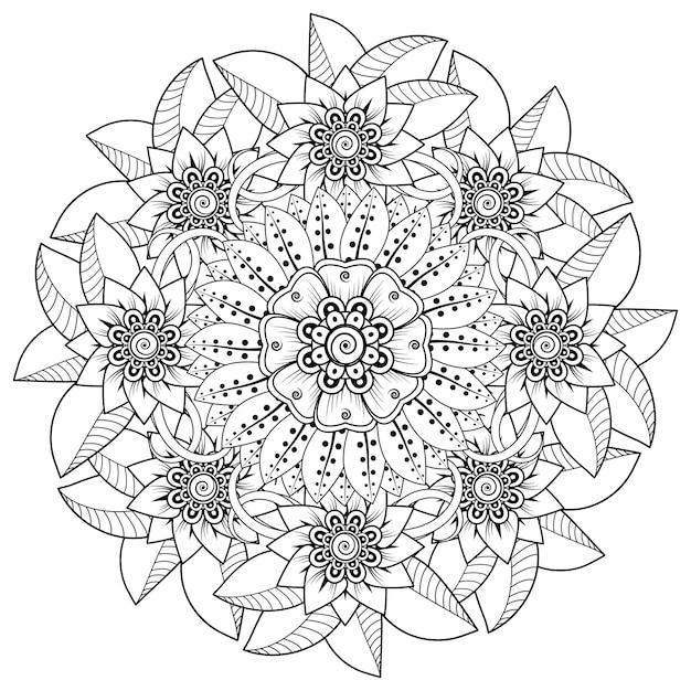 헤나 멘디 문신 장식용 꽃이 있는 만다라 형태의 원형 패턴
