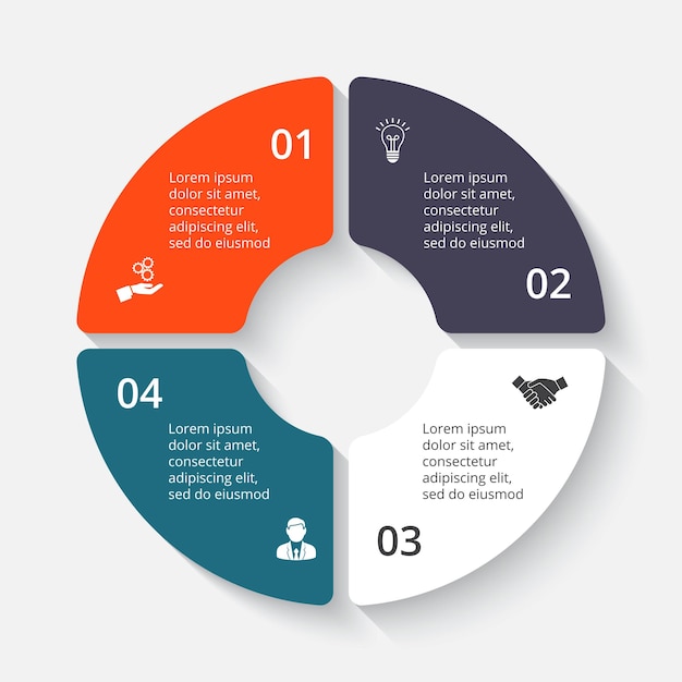 Circular pie chart divided into 4 colorful sectors. Flat infographic design template.