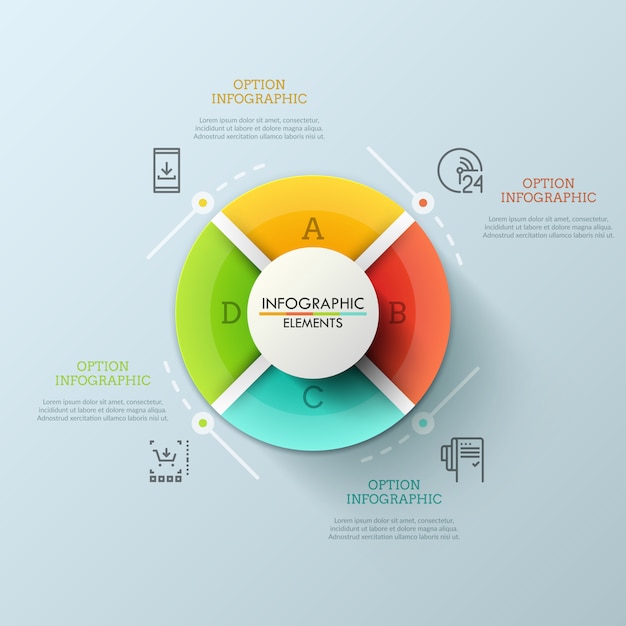 Circular pie chart divided into 4 equal lettered sectors. concept of round website menu with colorful buttons. futuristic infographic design layout