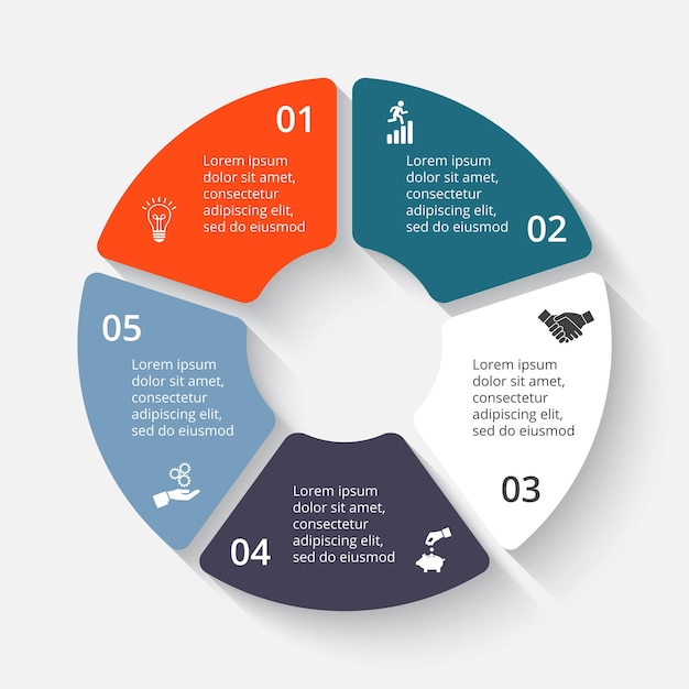 Grafico a torta circolare diviso in 5 settori colorati. modello di progettazione infografica piatta.