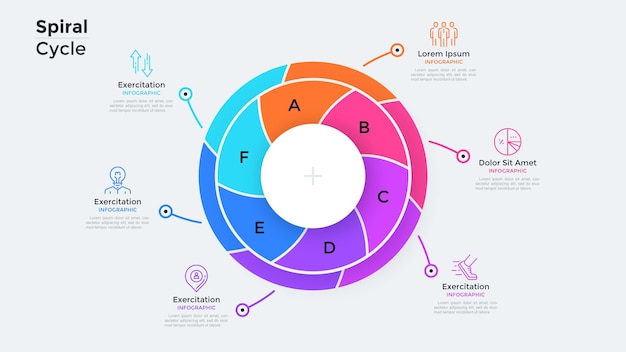 Circular pie diagram divided into 6 swirling colorful parts. Concept of six features of business project. Simple infographic design template. Flat vector illustration for presentation, report.