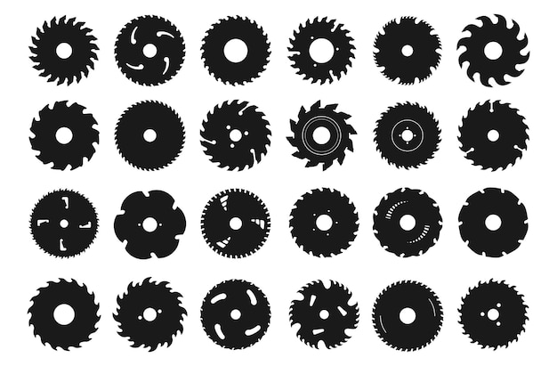 Vector circular saw blade icons silhouette of metal disc for woodwork round carpentry tool isolated industrial rotary wheels construction equipment cutting instrument vector black sawmill symbols set