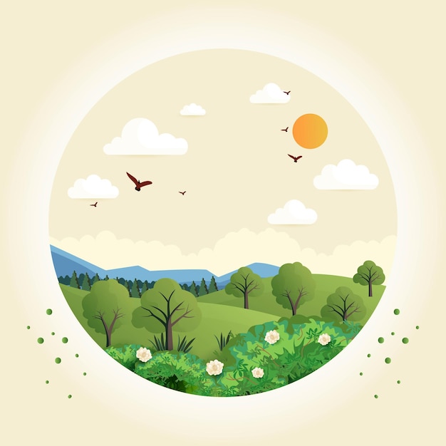 Vector circular shape mountain nature landscape background with sun flying birds clouds