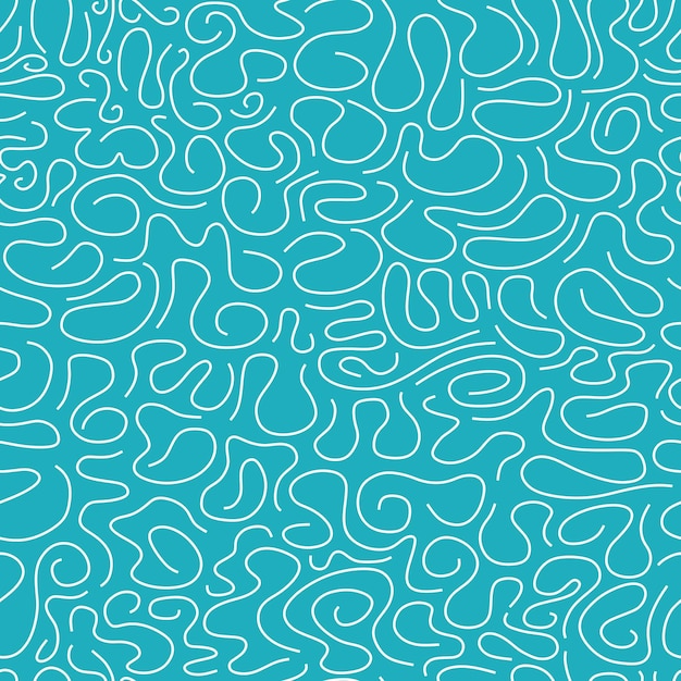 Circular shapes and waves seamless pattern Brush drawn white curved lines on light blue background