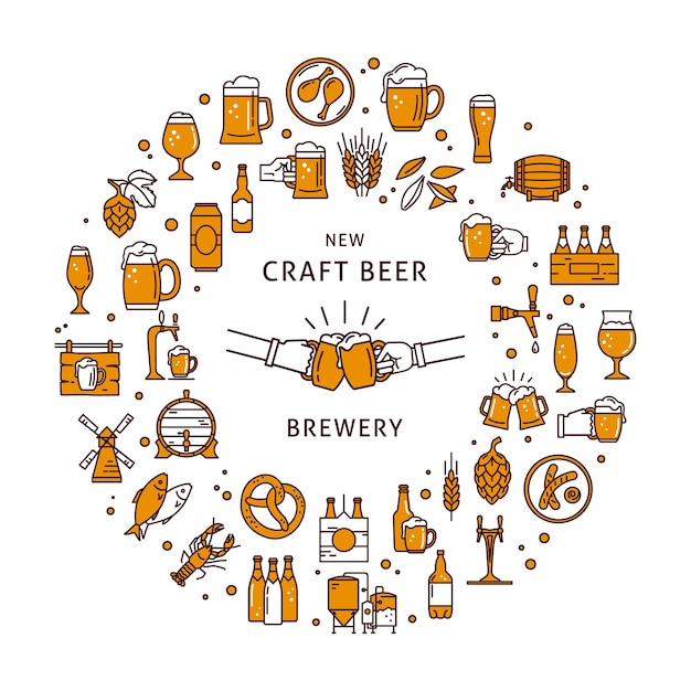 Circular style a large set of colorful icons on the topic of beer its production and use in vector.