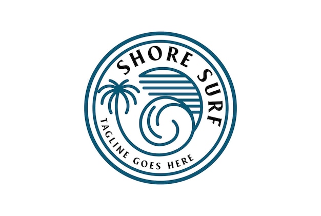 ベクトル サーフビーチバケーションロゴデザインベクトルのための海の海の波と円形のサンパームココナッツツリー