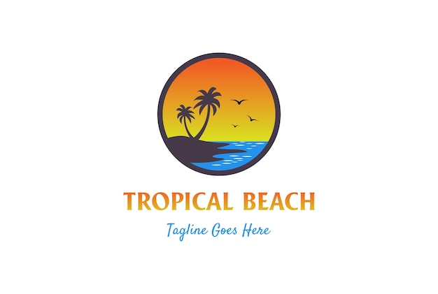 夏のビーチのロゴデザインベクトルイラストの円形サンセットパームココナッツツリー