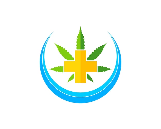 Circular swoosh with cannabis leaf and medical cross inside