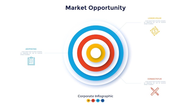 Circular target diagram Concept of three market opportunities aims or goals of marketing strategy Corporate infographic design template Simple flat vector illustration for business data analysis