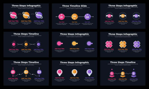 Вектор Круговой шаблон инфографики временной шкалы с 3 шагами с темной темой