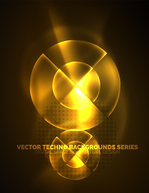 Circular yellow glowing neon shapes techno background Abstract shiny transparent circles on dark technology space