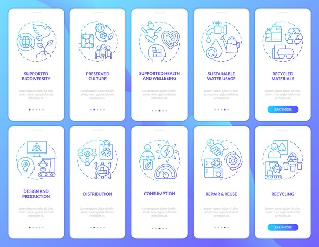 Circulareconomy activiteit blauwe gradiënt onboarding mobiele app schermset Walkthrough 5 stappen grafische instructies pagina's met lineaire concepten UI UX GUI sjabloon Myriad ProBold Reguliere lettertypen gebruikt
