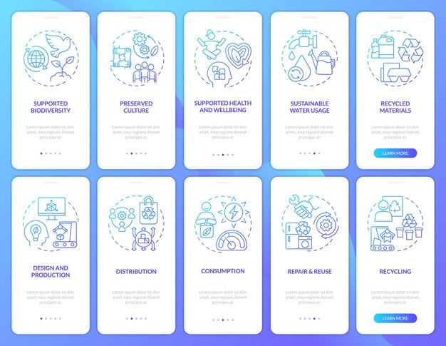 Circulareconomy activiteit blauwe gradiënt onboarding mobiele app schermset walkthrough 5 stappen grafische instructies pagina's met lineaire concepten ui ux gui sjabloon myriad probold reguliere lettertypen gebruikt