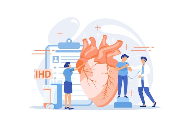 Circulatory system complications. Cardiologists studying human organ. Heart disease, ischemic heart