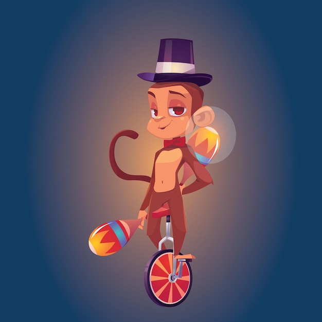 Circus-aap die evenwicht houdt op een eenwiel met een jonglerenclub