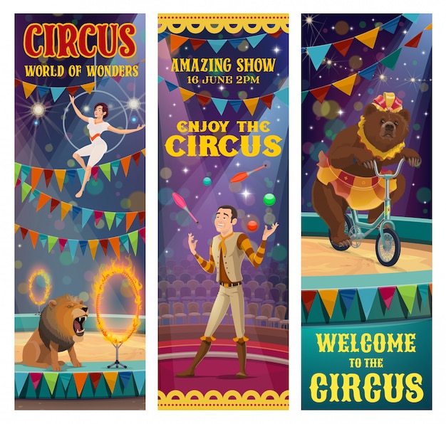 Circus acrobat, juggler, trained bear, lion animal