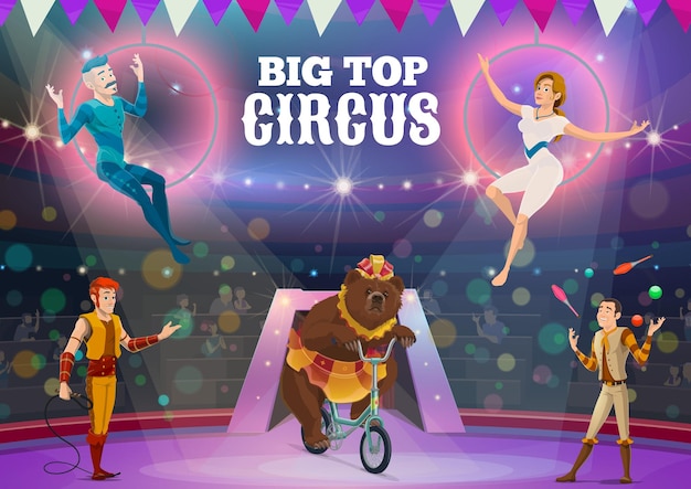 Цирковые акробаты жонглер и животные на арене