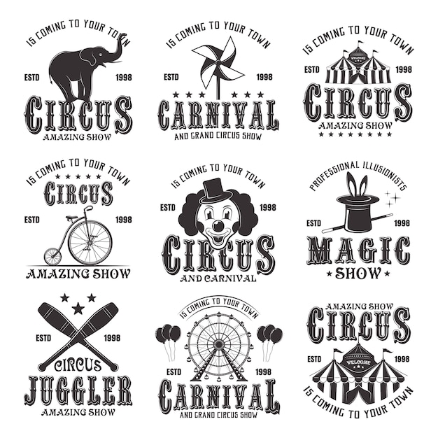 Circus amazing show set of  black emblems, labels, logos and typographic stamps in vintage   on white background