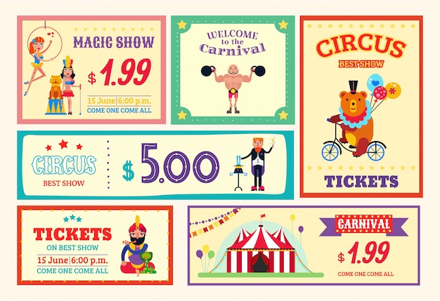 Vettore i biglietti della carta del manifesto dell'insegna di divertimento del circo hanno messo l'illustrazione. diverse esibizioni circensi di carnevale, spettacoli di magia, animali selvatici addestrati, aerei e atleti.